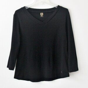 Anne Klein Sport 100% Cotton Black V-Neck 3/4 Sleeve Everyday Shirt Petite Large